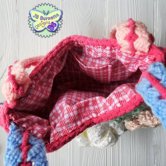 Handmade Crochet Pink White Rose Bag, Spring Summer Purse - Picture 4 of 5